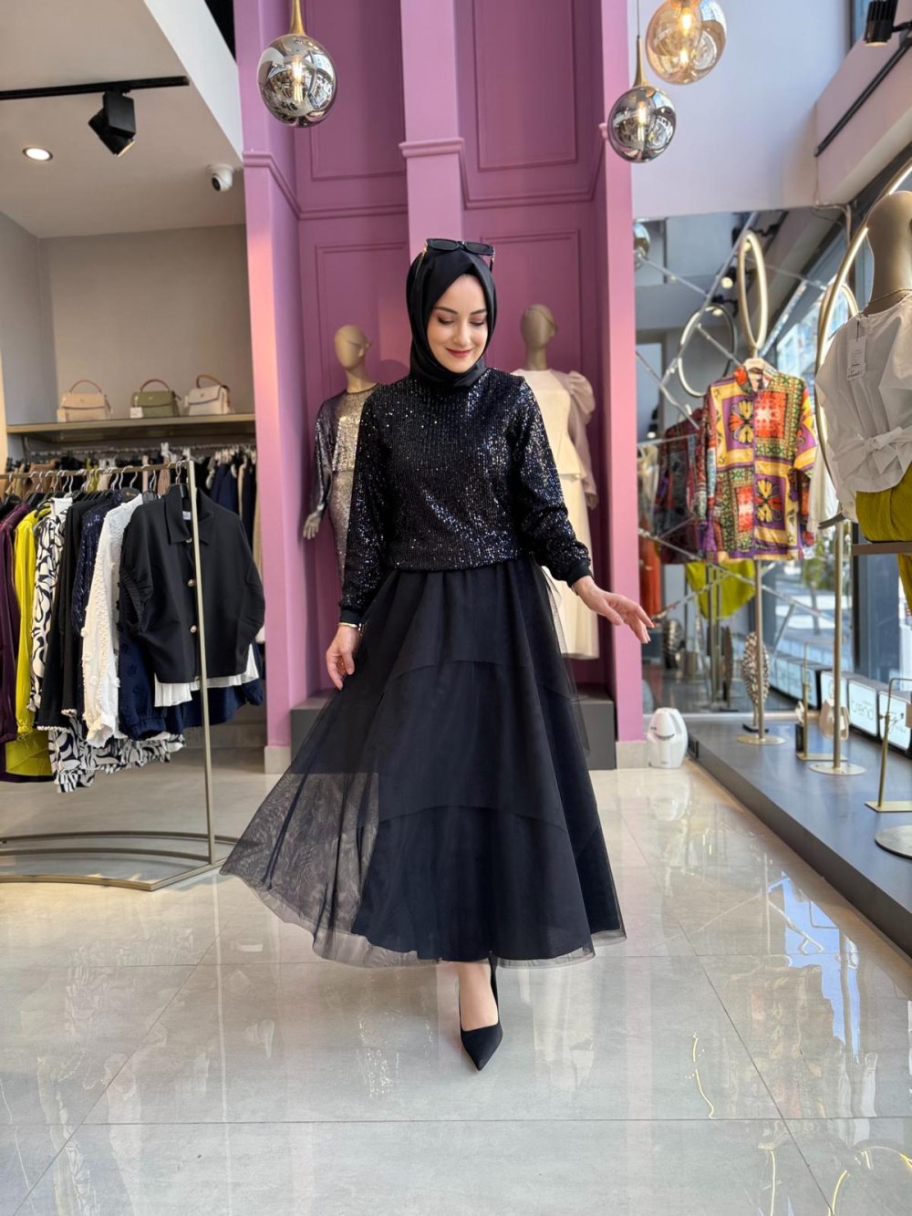 Skirted Evening Dress Set with Sequins in Black