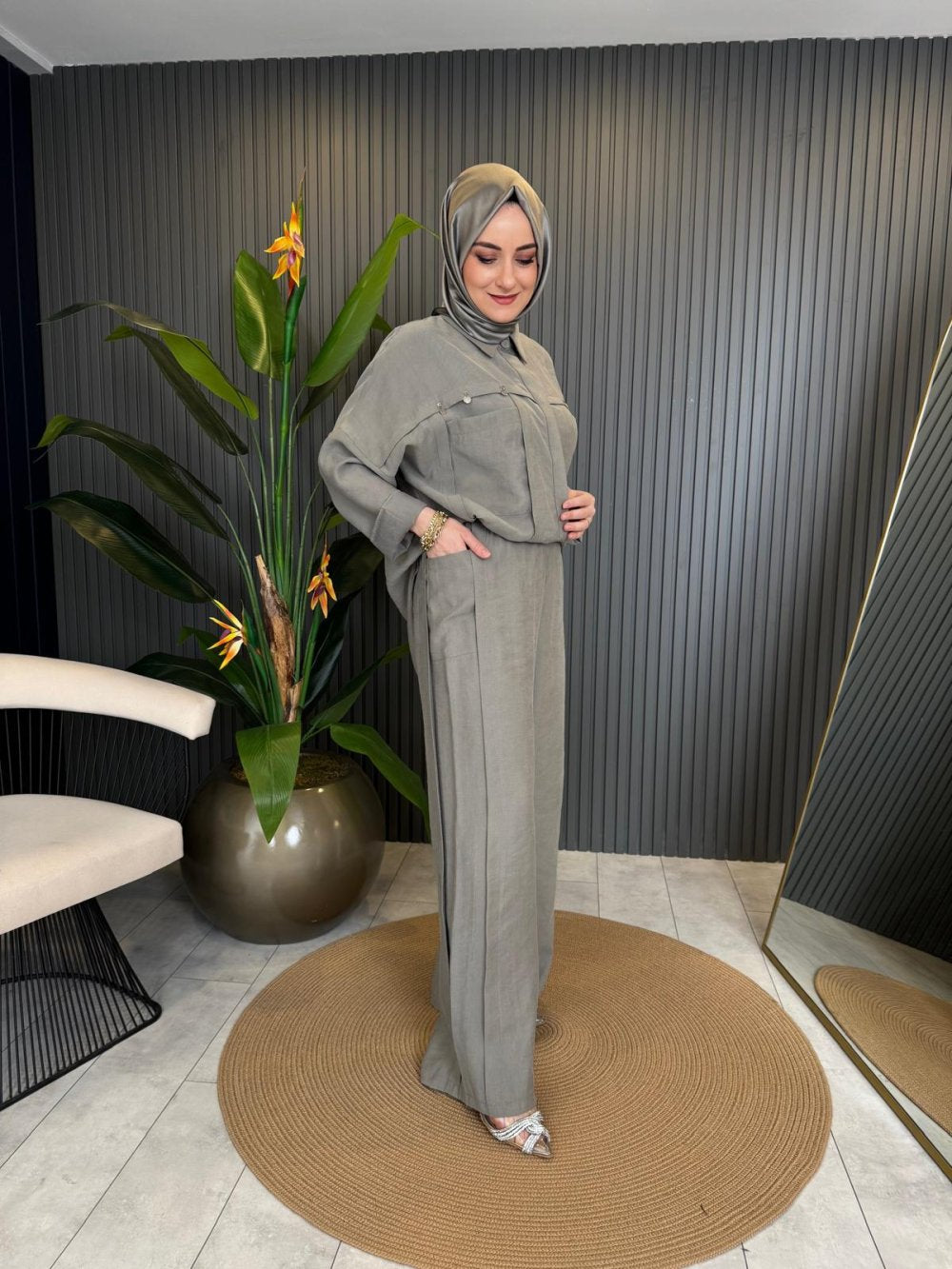 Gray Pants Suit with Silver Coin Embroidery