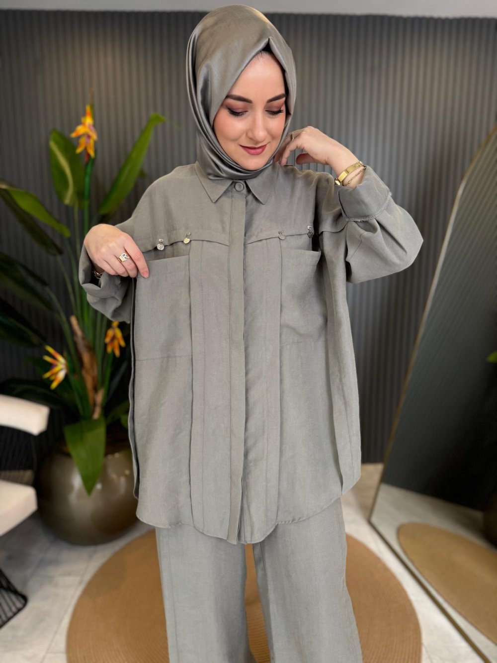 Gray Pants Suit with Silver Coin Embroidery