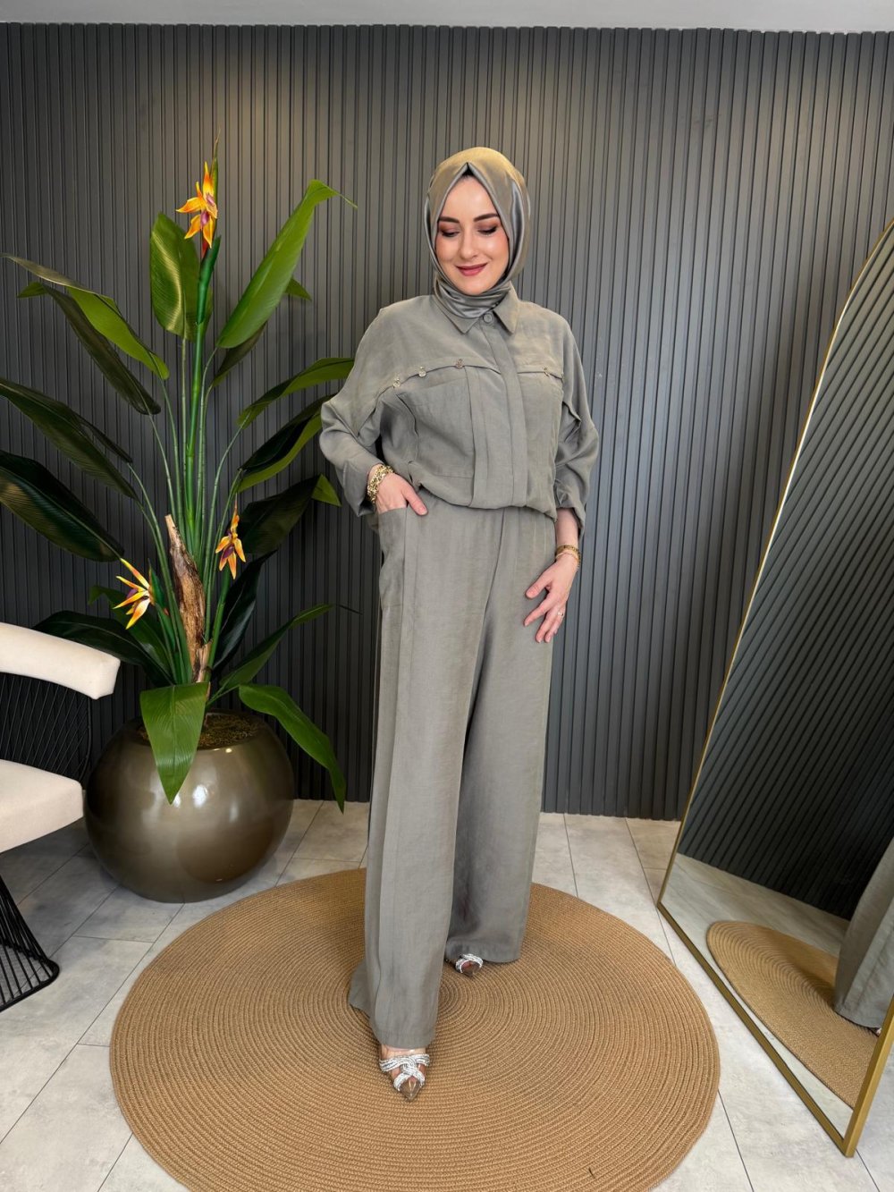 Gray Pants Suit with Silver Coin Embroidery