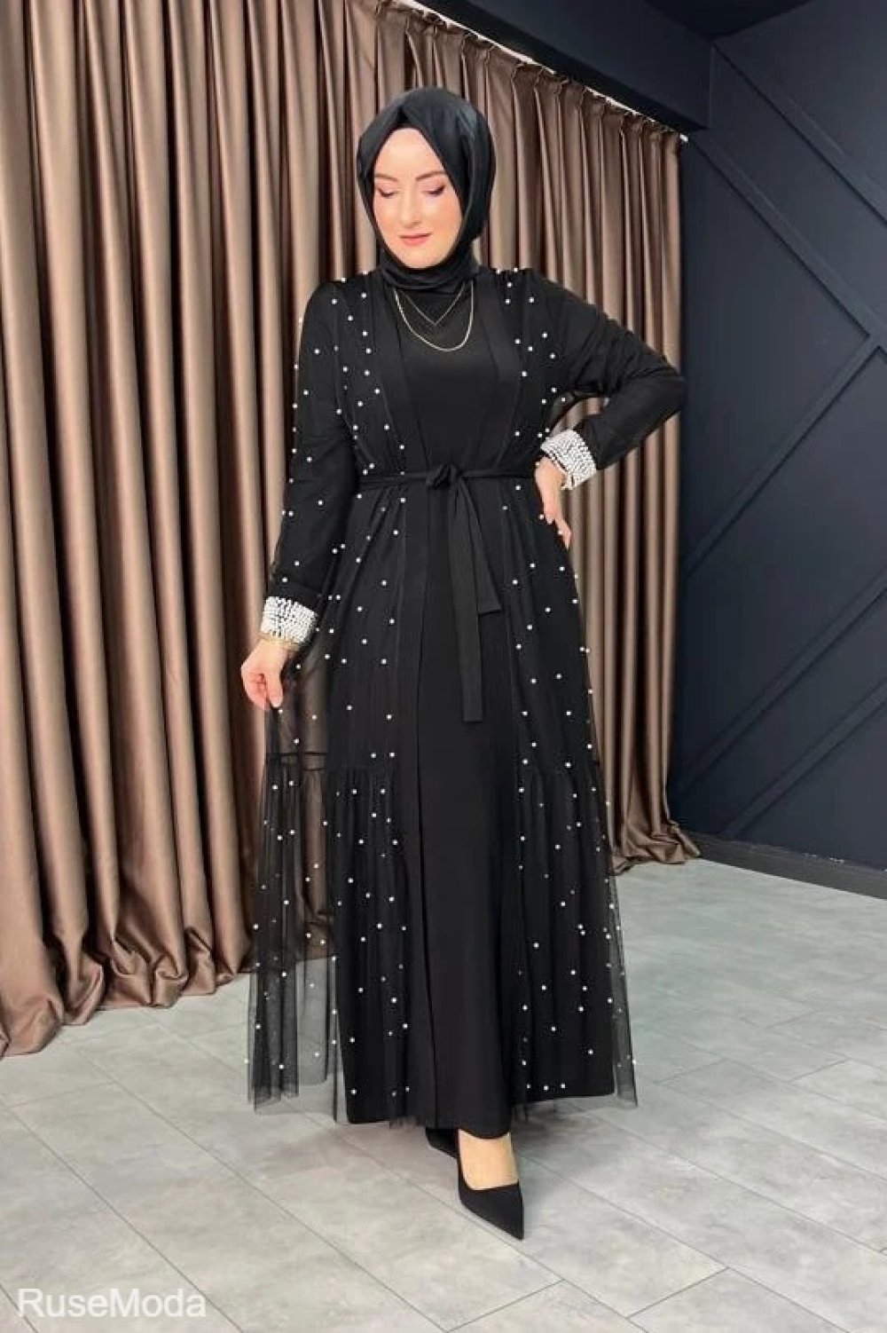 Detailed Pearl Inside-Out Dress Black Black