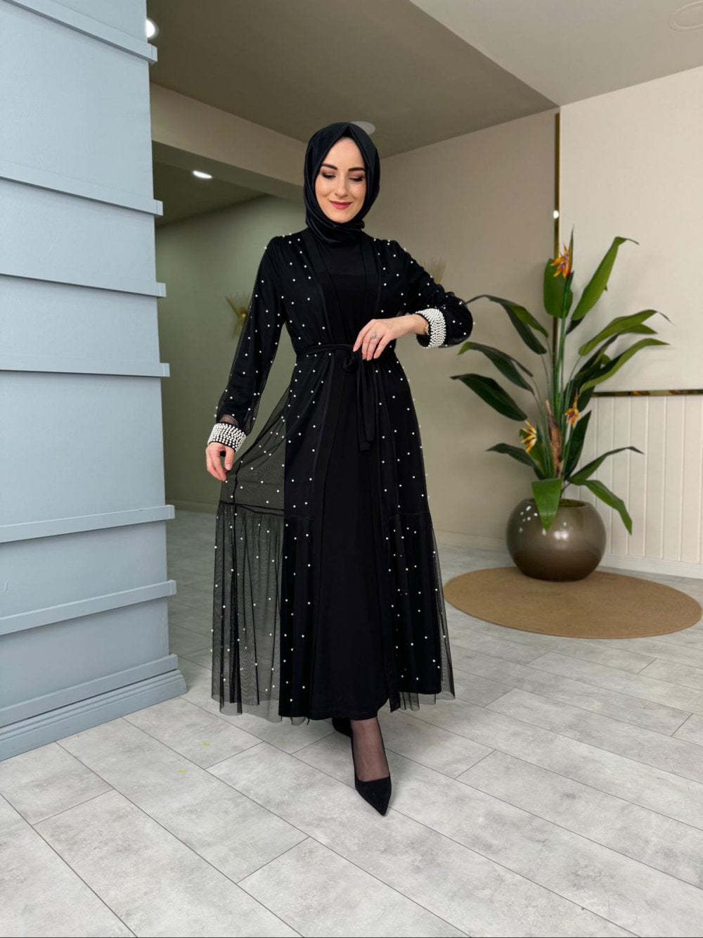 Detailed Pearl Inside-Out Dress Black Black