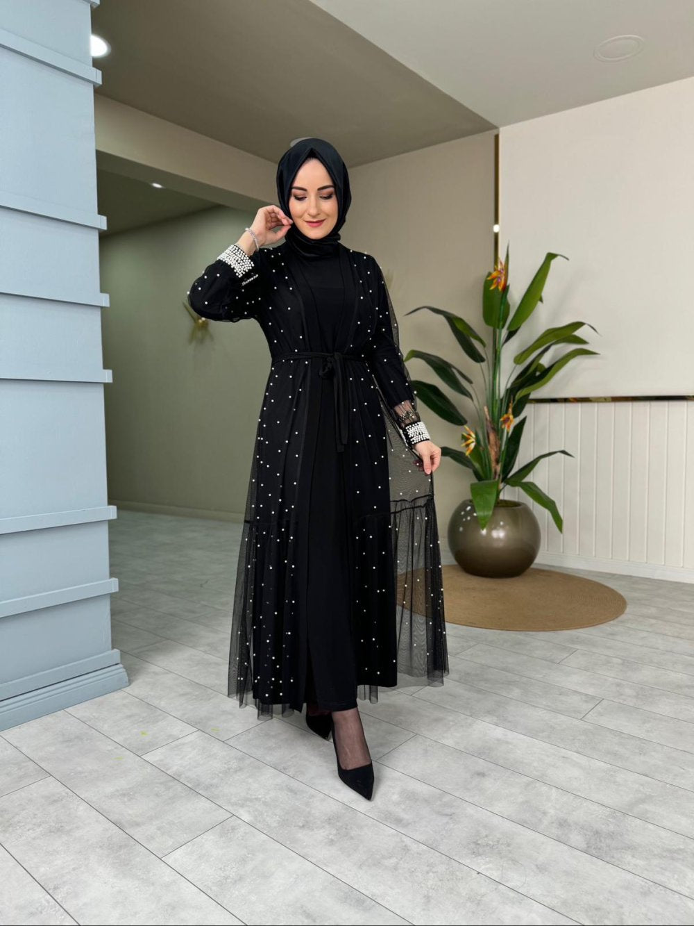 Detailed Pearl Inside-Out Dress Black Black