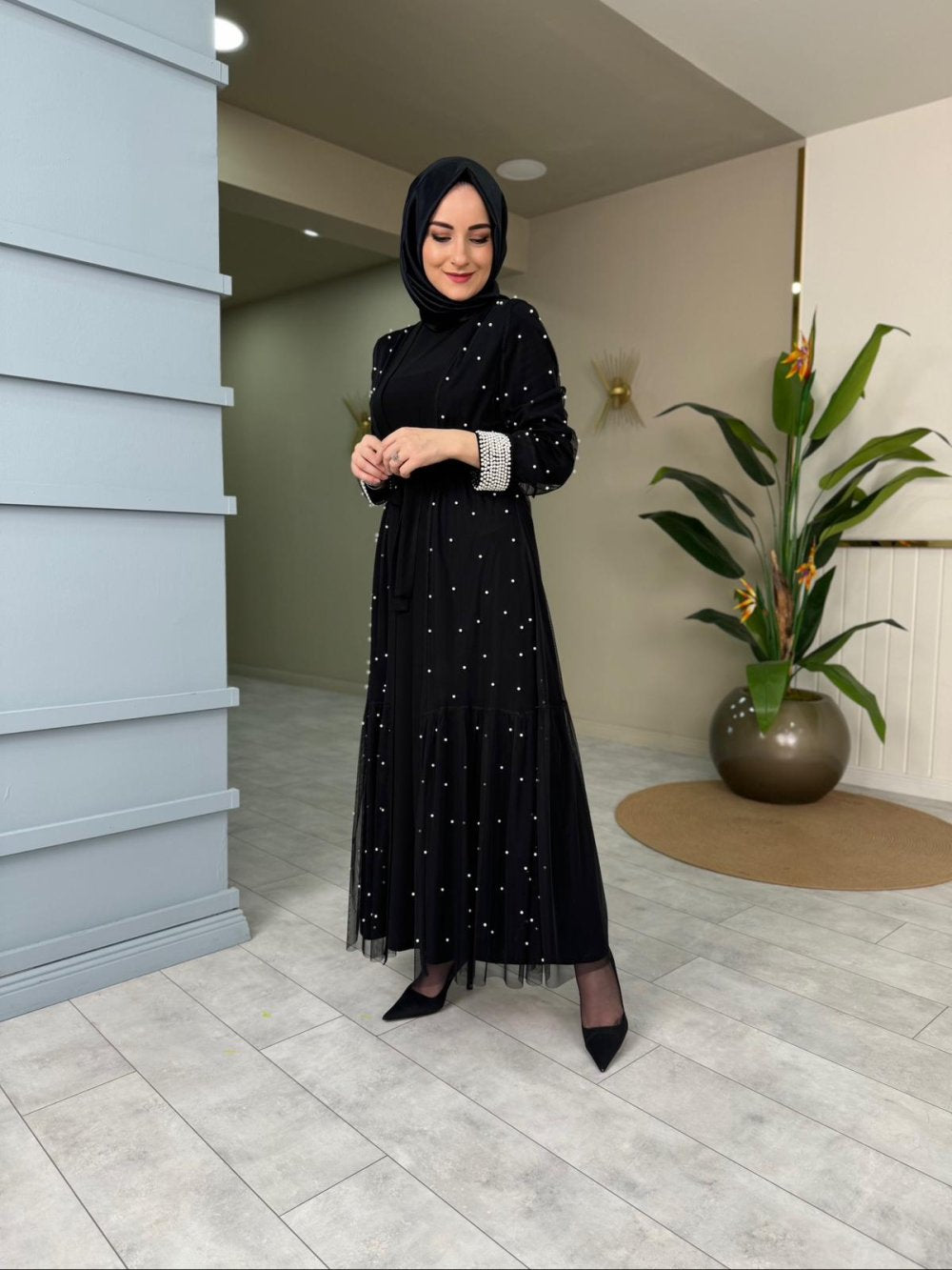 Detailed Pearl Inside-Out Dress Black Black