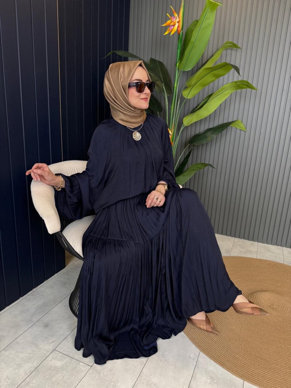 Silk Skirt Set Navy Blue