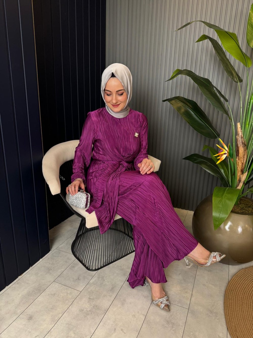 Silk Set with Waist Tie in Plum