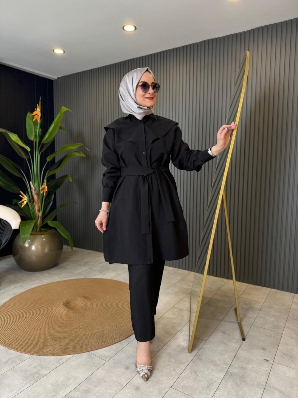 Linen Copper Laced Detailed Pantsuit Black