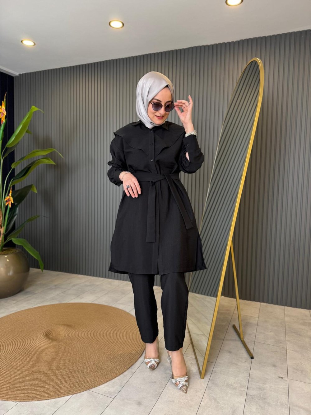 Linen Copper Laced Detailed Pantsuit Black