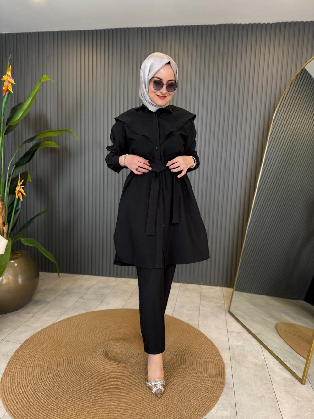 Linen Copper Laced Detailed Pantsuit Black