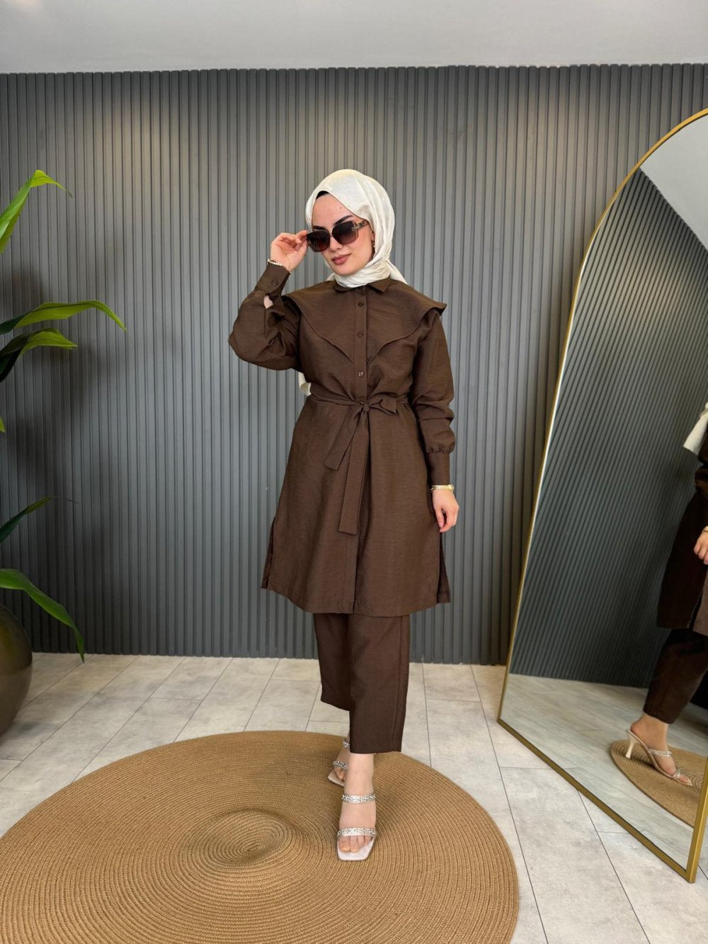 Brown Linen Copper Laced Detailed Pantsuit