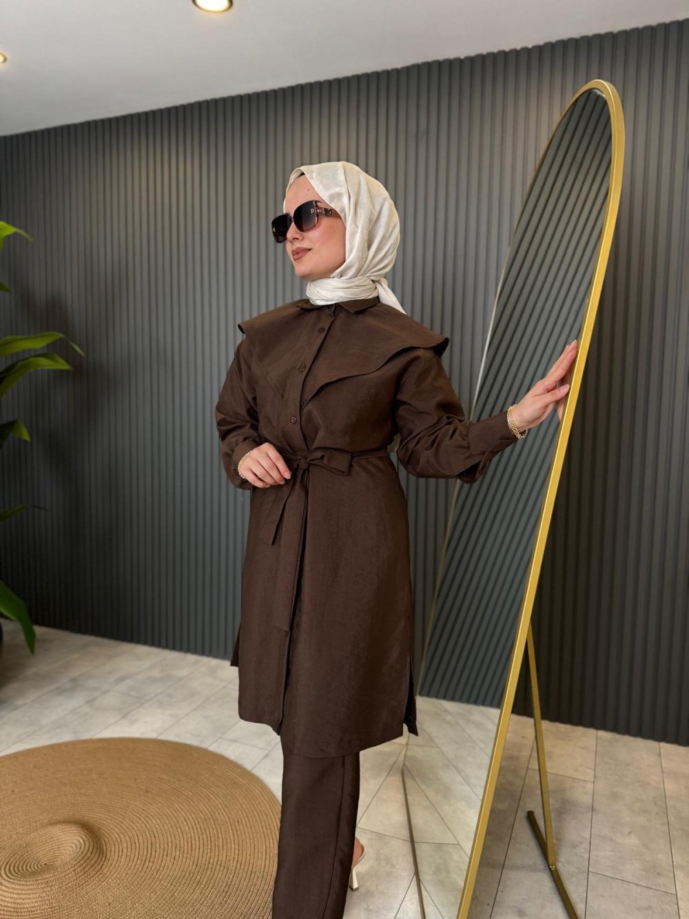 Brown Linen Copper Laced Detailed Pantsuit