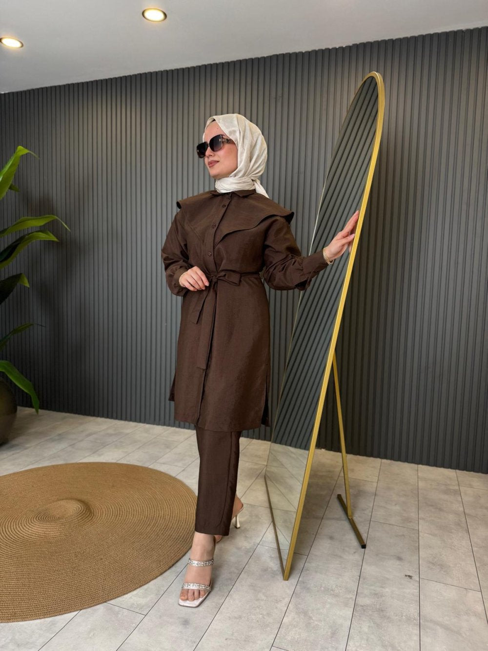 Brown Linen Copper Laced Detailed Pantsuit