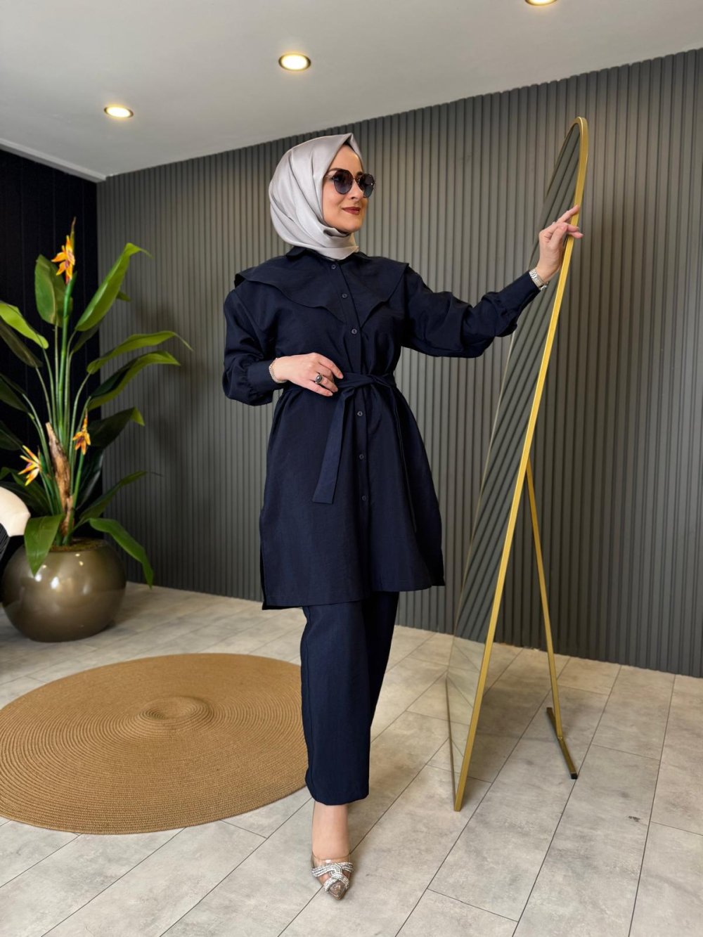 Navy Blue Set with Linen Copper Laced Pants