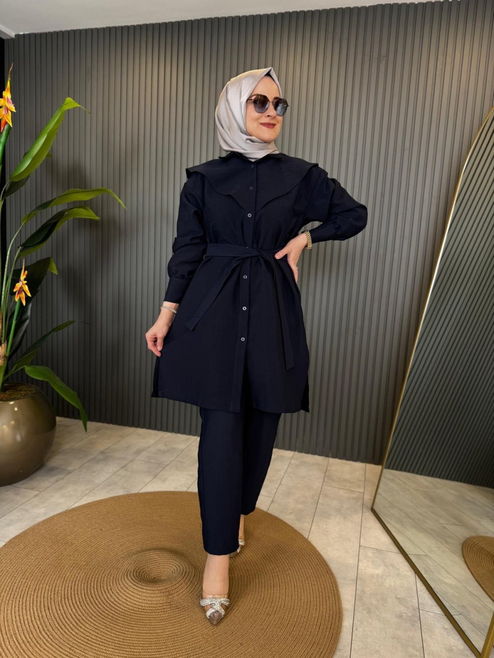 Navy Blue Set with Linen Copper Laced Pants