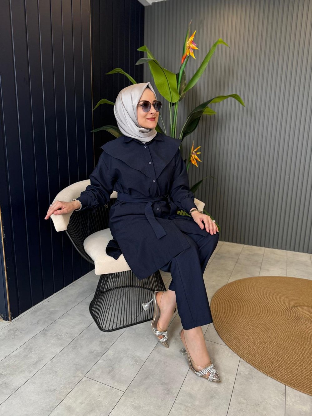 Navy Blue Set with Linen Copper Laced Pants