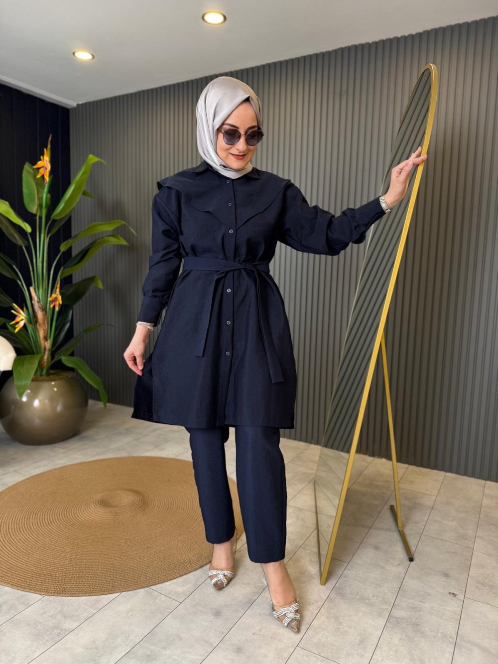 Navy Blue Set with Linen Copper Laced Pants