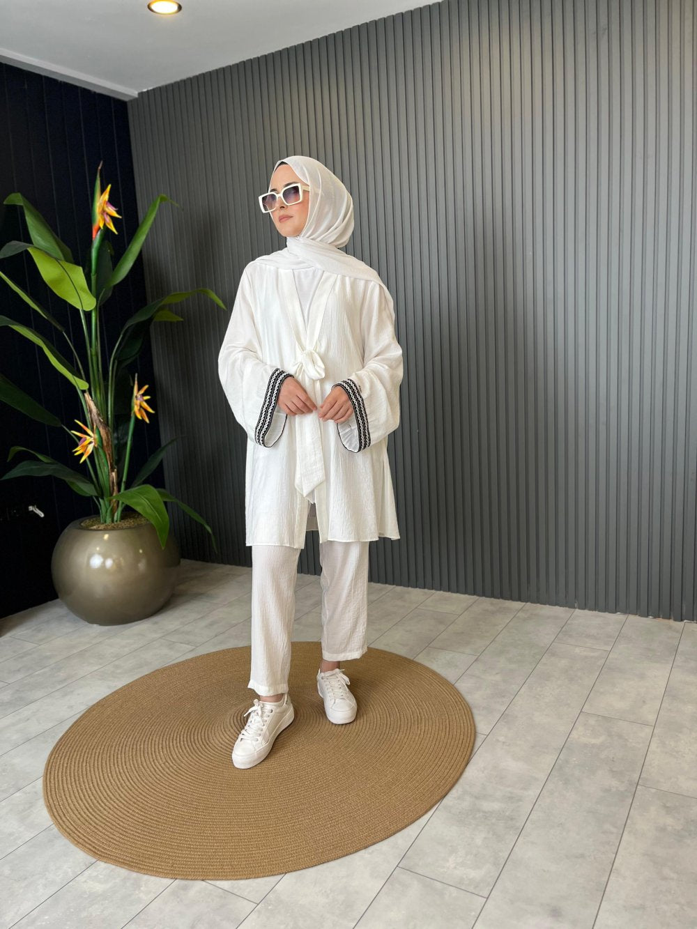 Embroidered Sleeve Pantsuit in Ecru