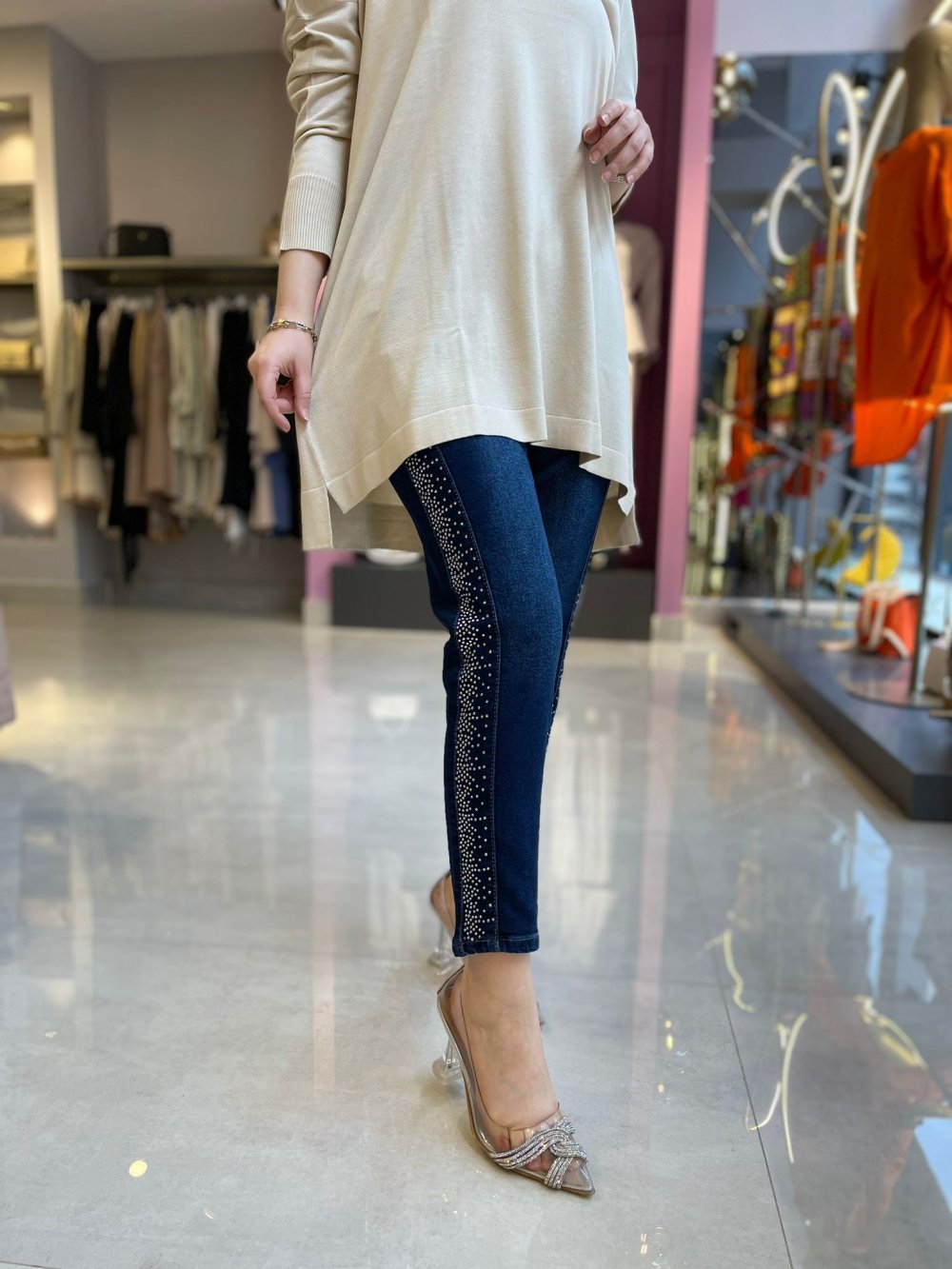 Dark Blue Skinny Jeans with Rhinestone Detail