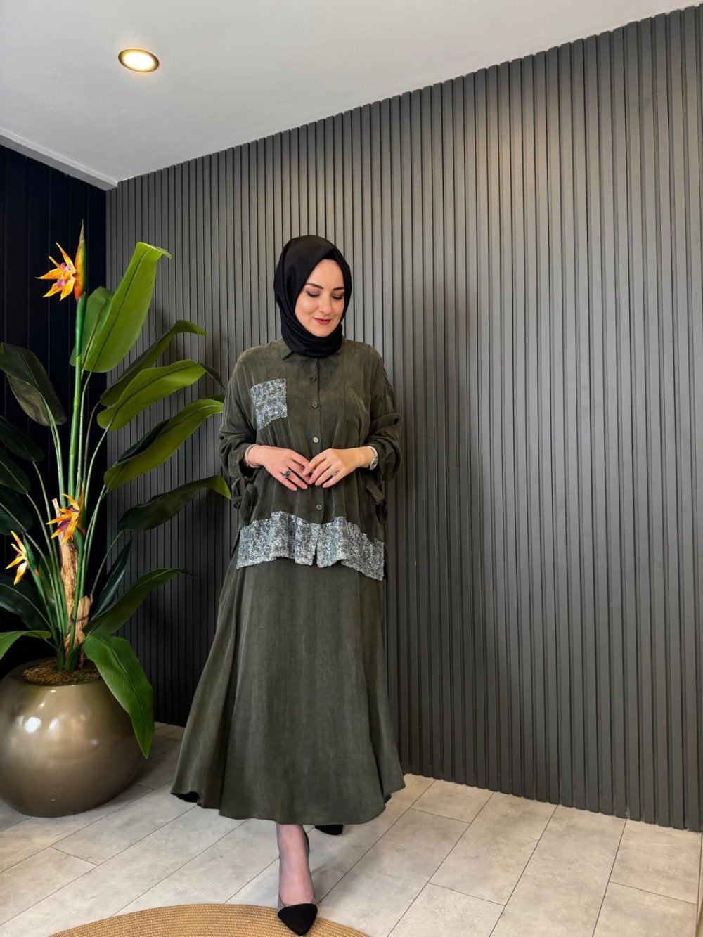 Sequin Embellished Set Khaki