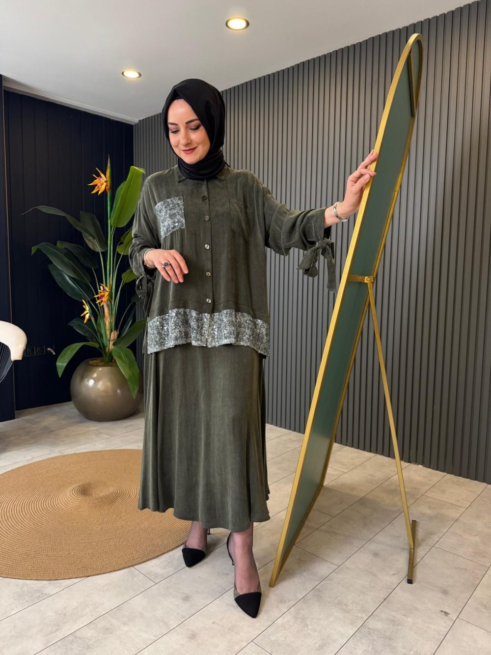 Sequin Embellished Set Khaki