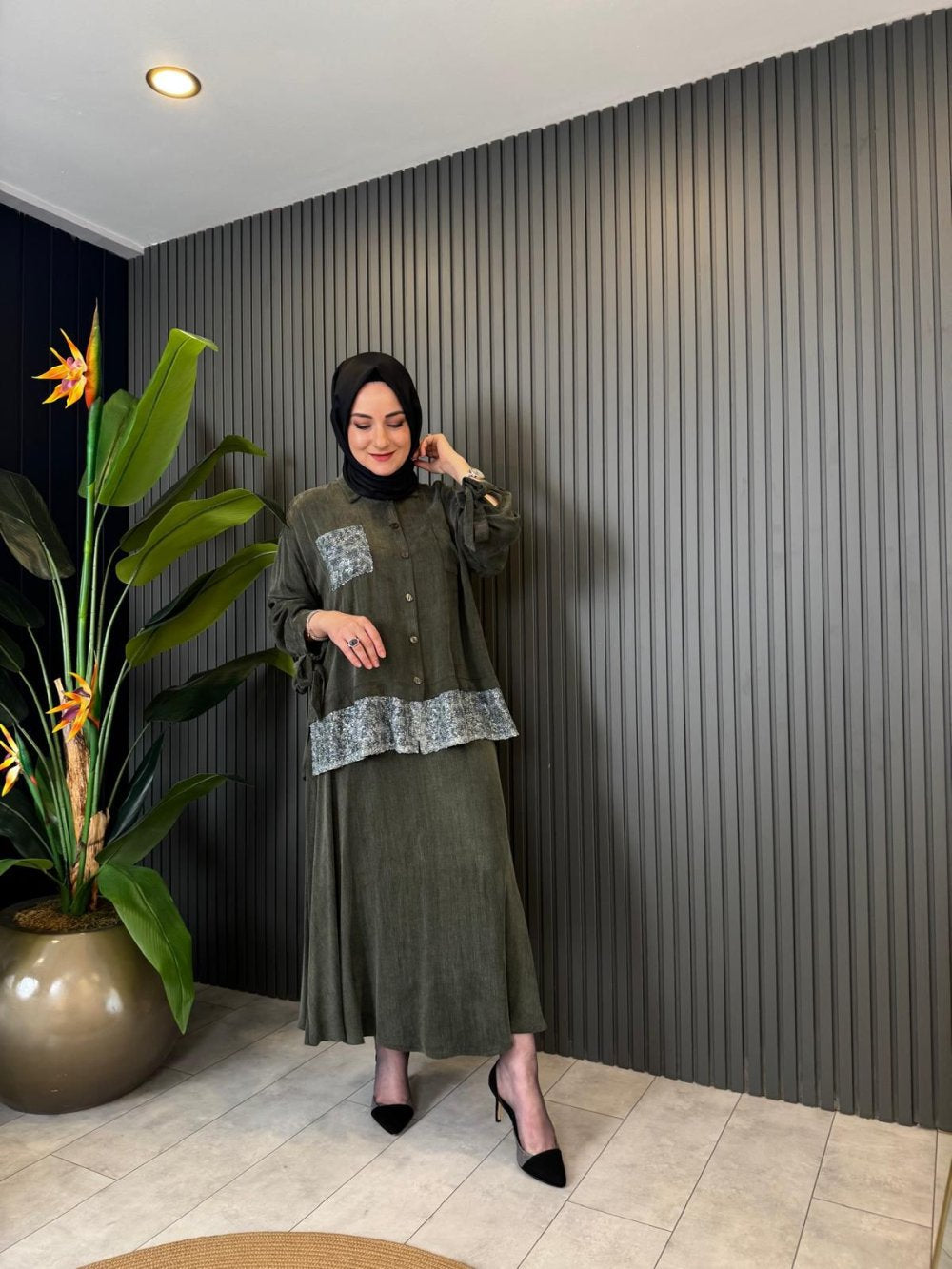 Sequin Embellished Set Khaki