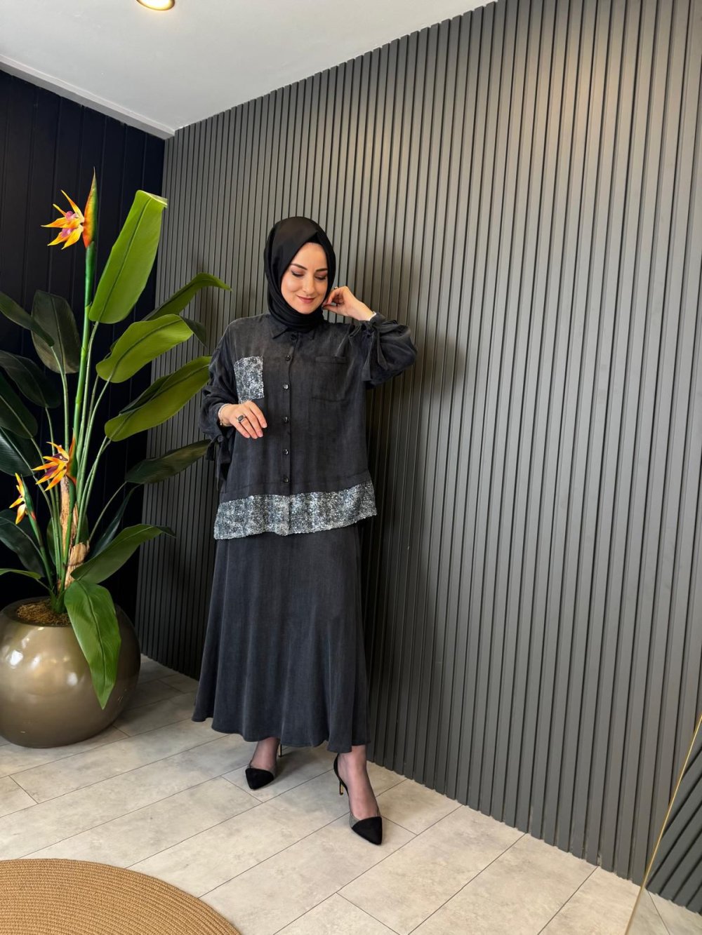 Sequin Embellished Set Black