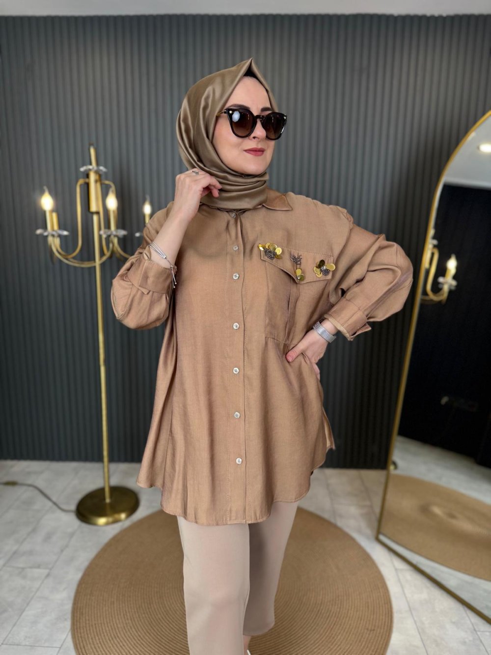Silvis Stone-Embellished Tunic in Camel