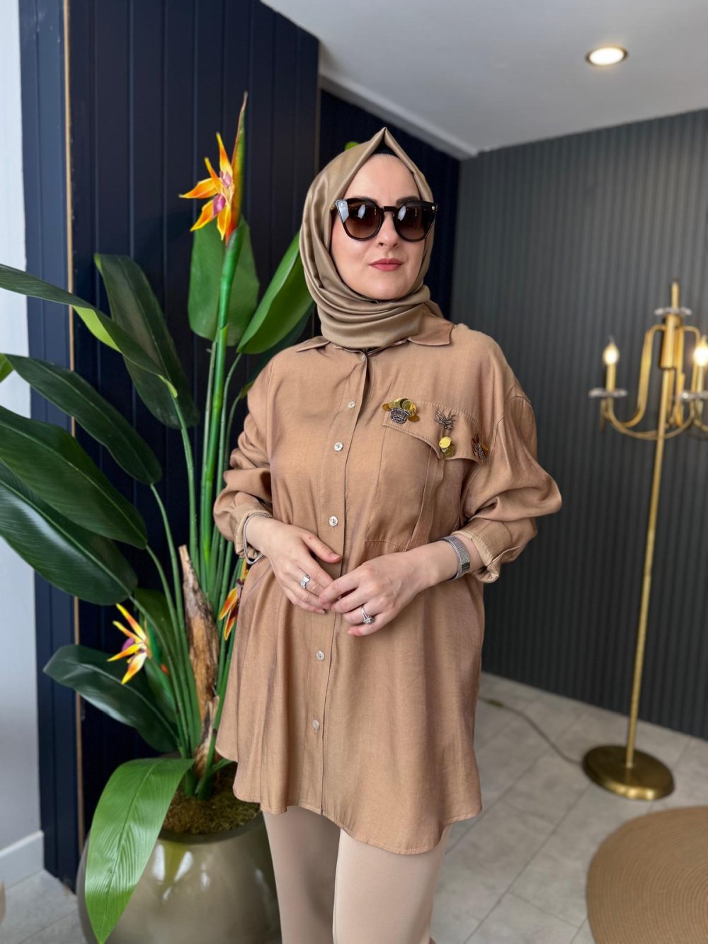 Silvis Stone-Embellished Tunic in Camel