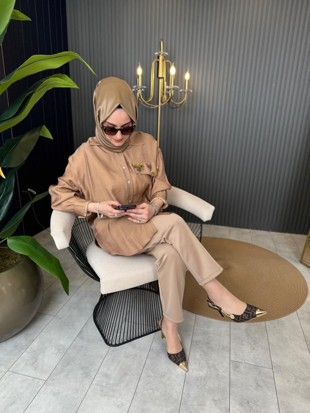 Silvis Stone-Embellished Tunic in Camel