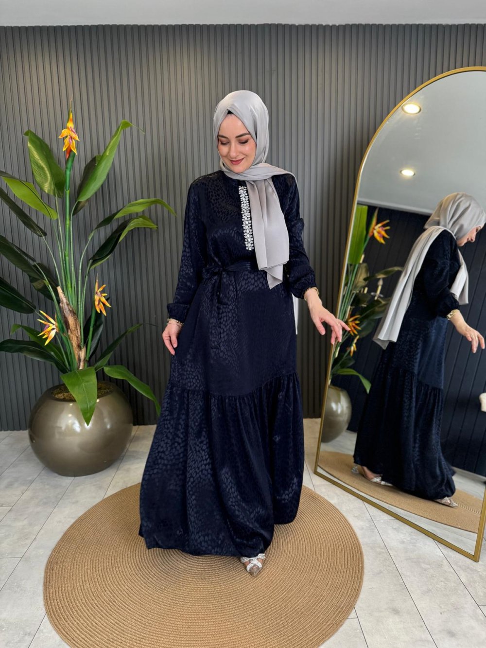 Stone Pattern Jacquard Dress Navy Blue