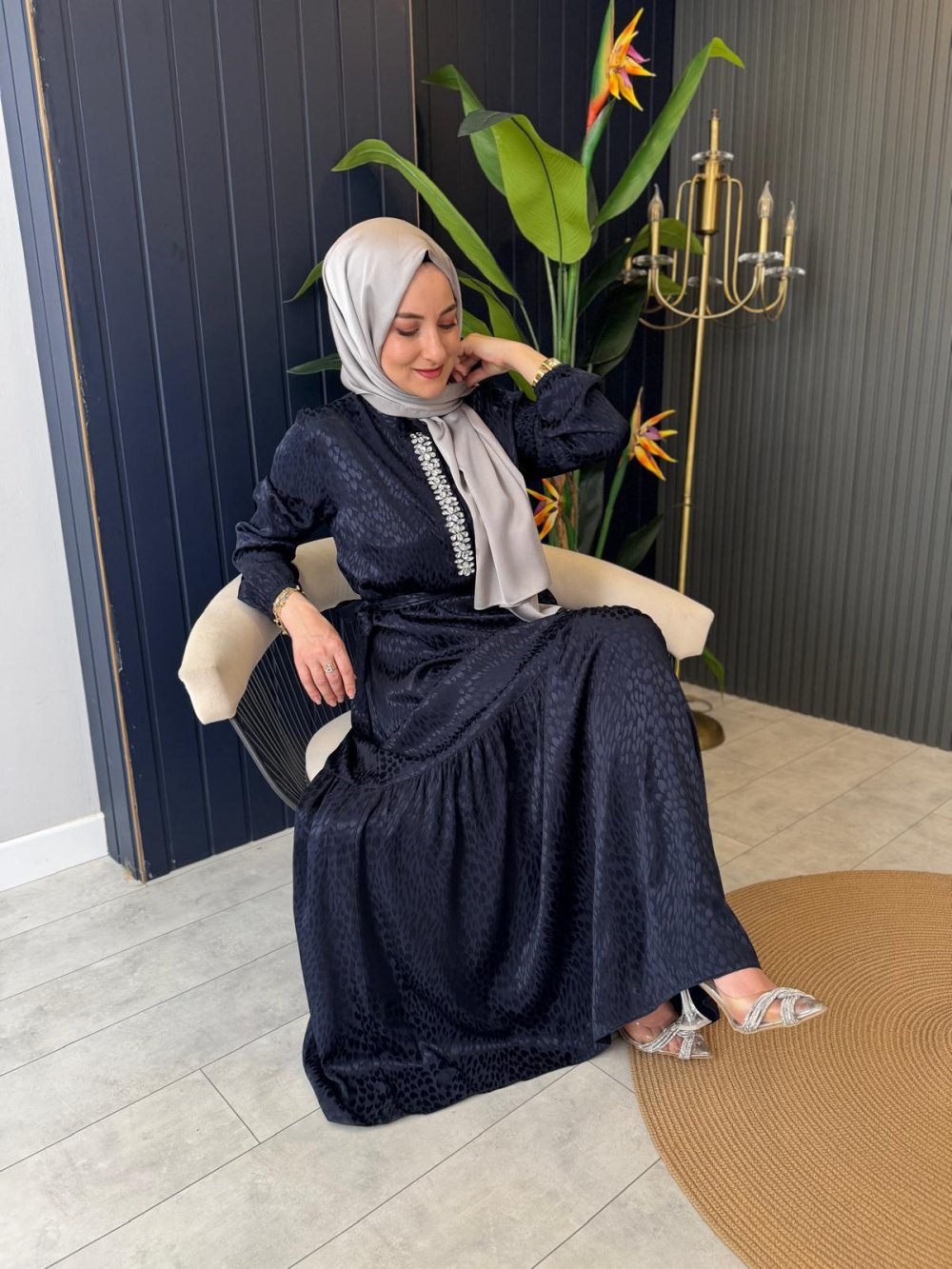 Stone Pattern Jacquard Dress Navy Blue