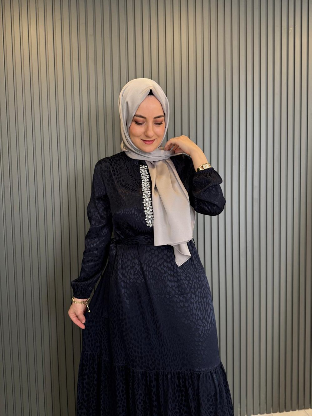 Stone Pattern Jacquard Dress Navy Blue