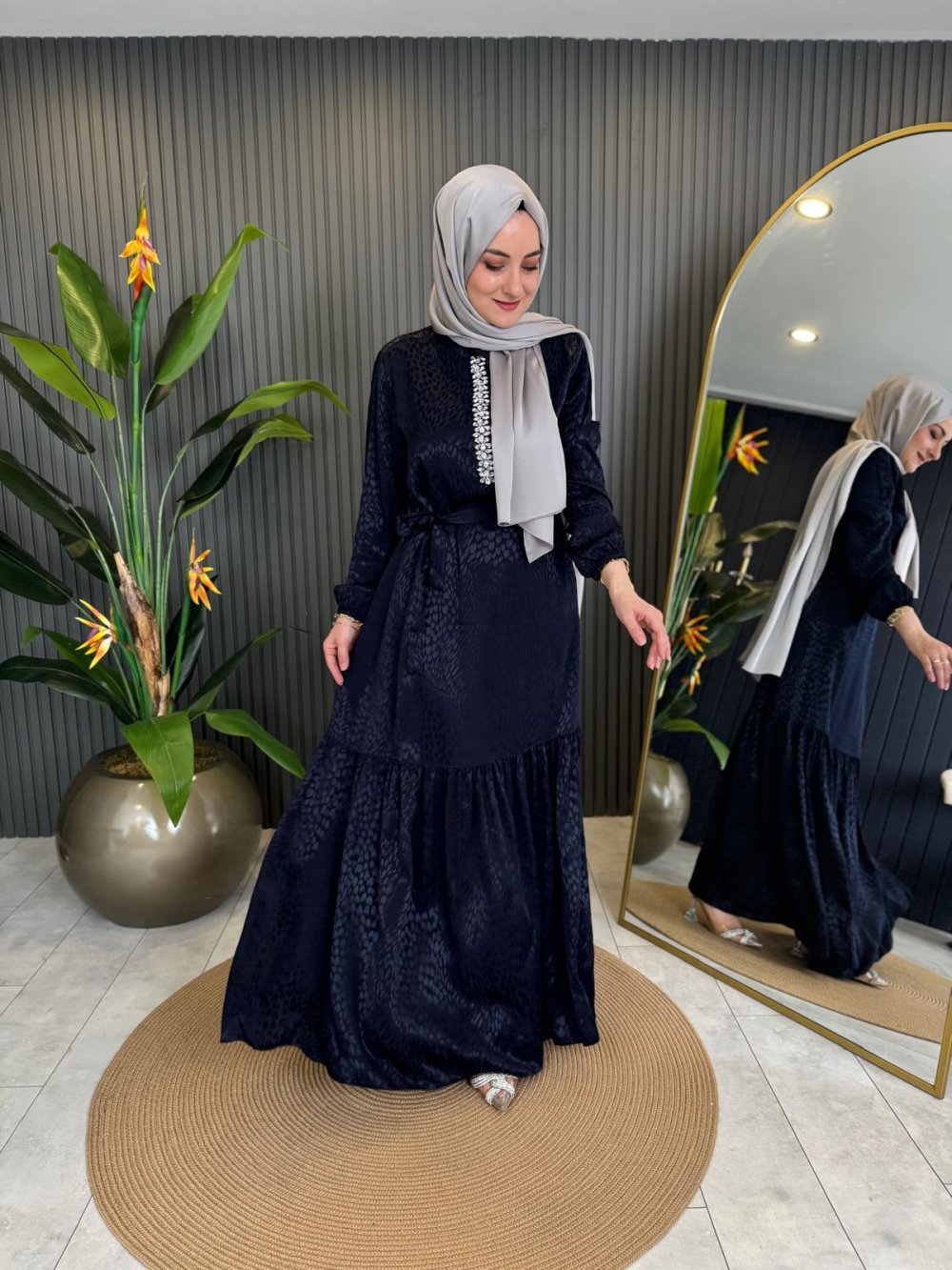 Stone Pattern Jacquard Dress Navy Blue