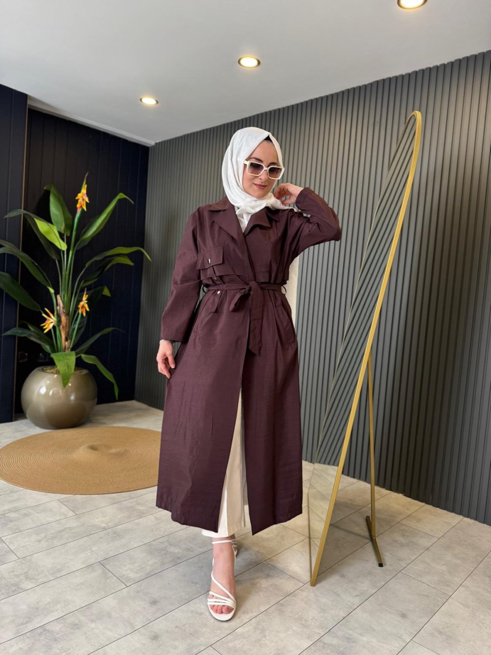 Single Pocket Staple Detail Dubai Waist Belted Coat in Rust Brown