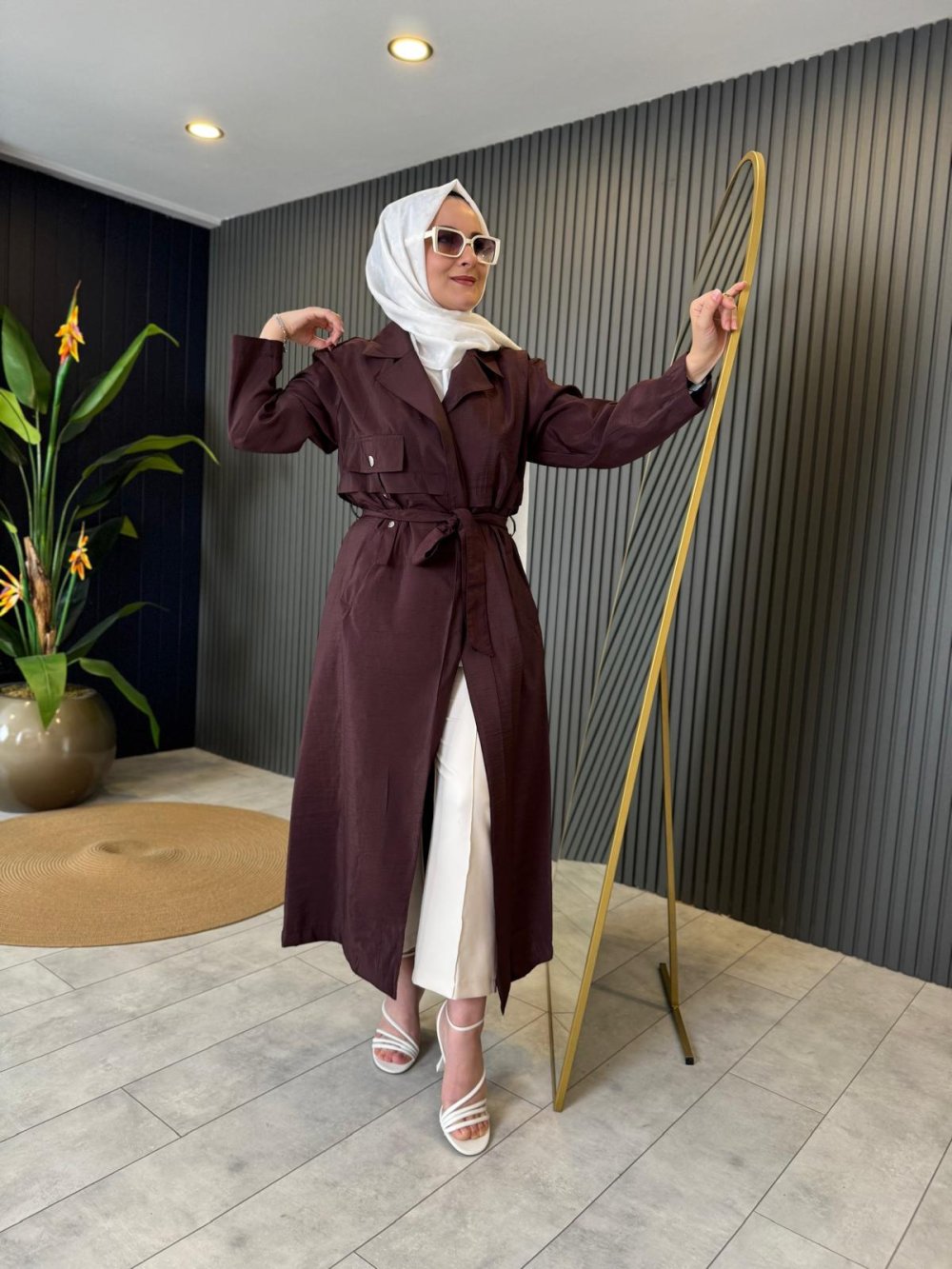 Single Pocket Staple Detail Dubai Waist Belted Coat in Rust Brown