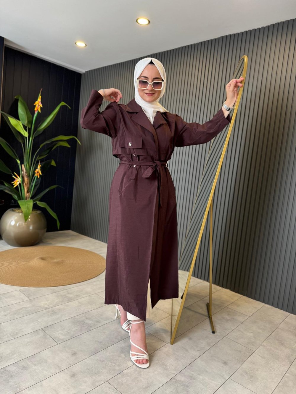 Single Pocket Staple Detail Dubai Waist Belted Coat in Rust Brown