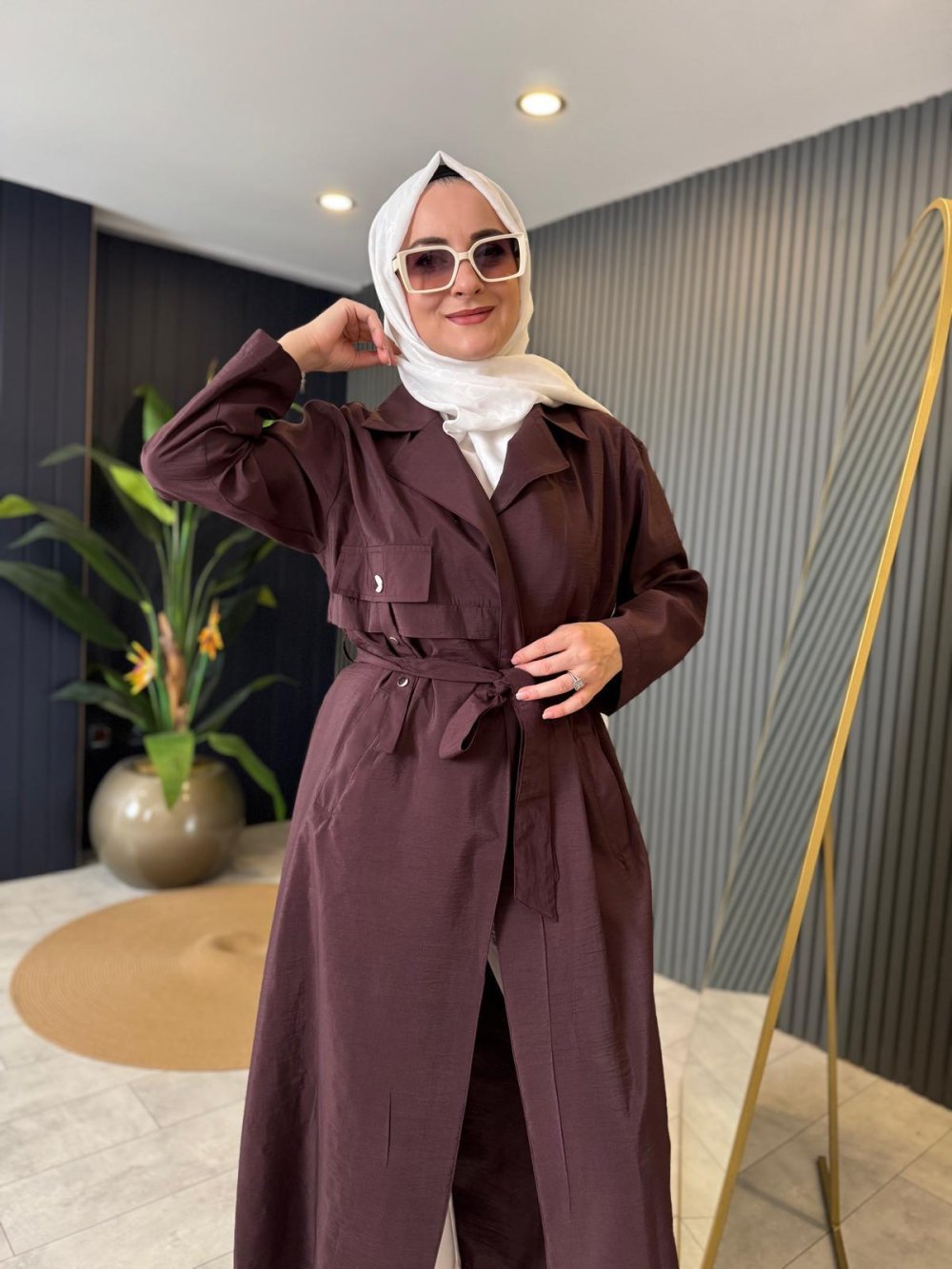 Single Pocket Staple Detail Dubai Waist Belted Coat in Rust Brown