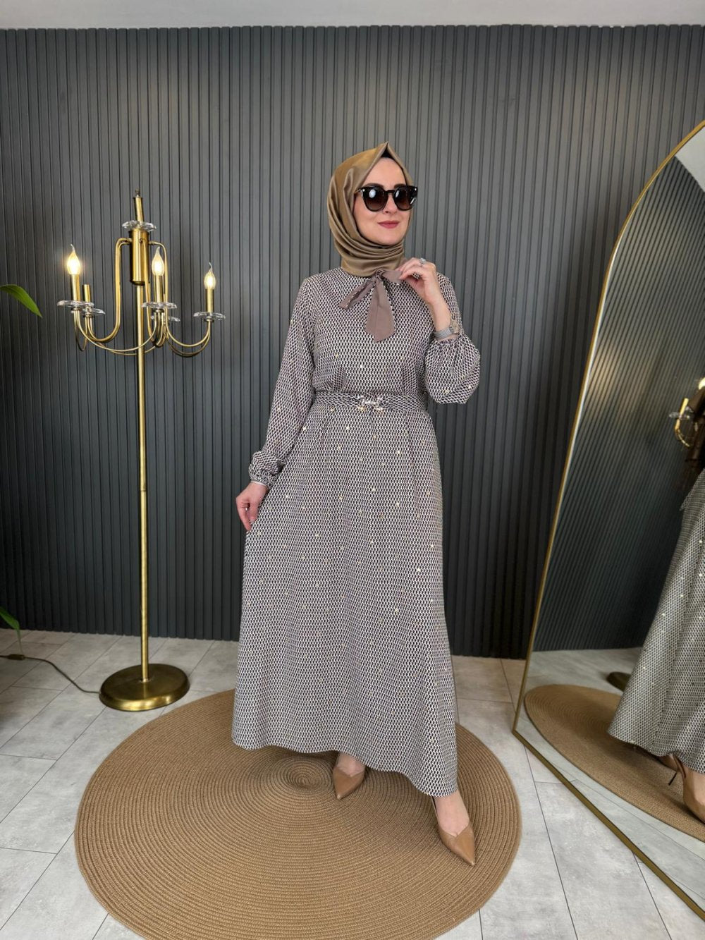 Lace-Up Detail Dress Black-Beige