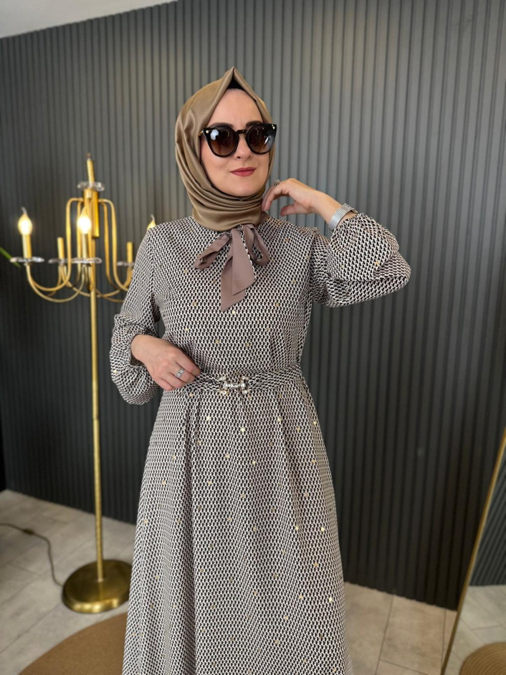 Lace-Up Detail Dress Black-Beige