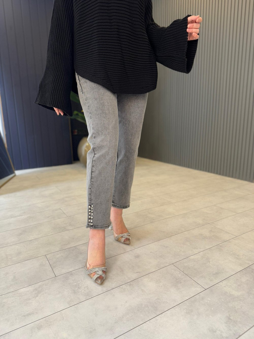 Side Slit Stone-Embellished Pants Gray