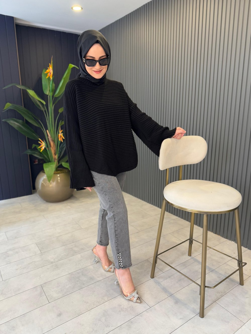 Side Slit Stone-Embellished Pants Gray