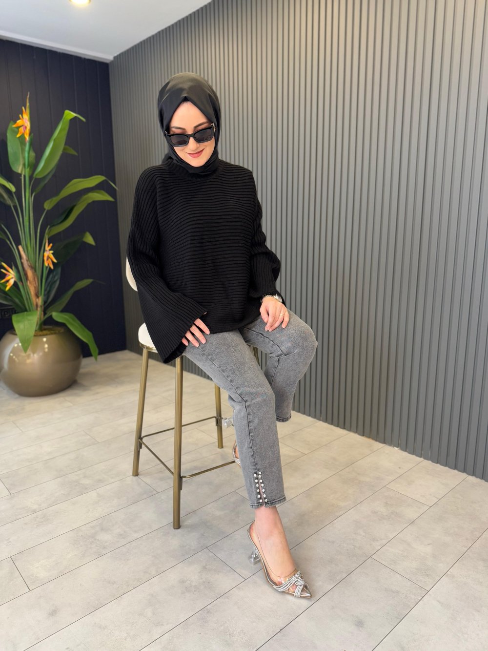 Side Slit Stone-Embellished Pants Gray