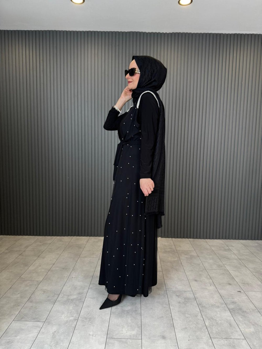 Vest with Pearl Abaya Set Black Black