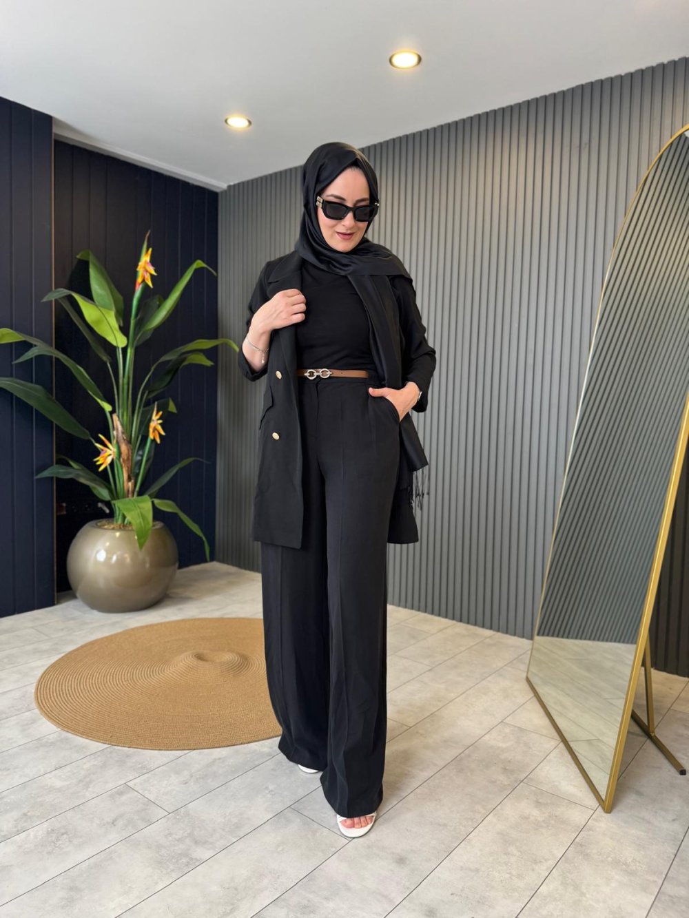 High Waist Belted Pants Black