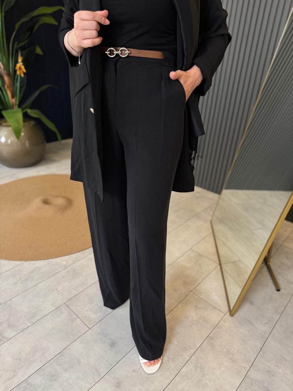 High Waist Belted Pants Black