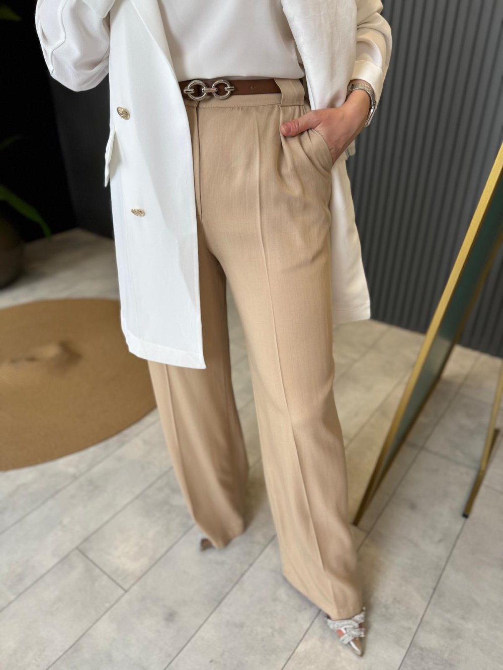 High-Waisted Belted Trousers Beige