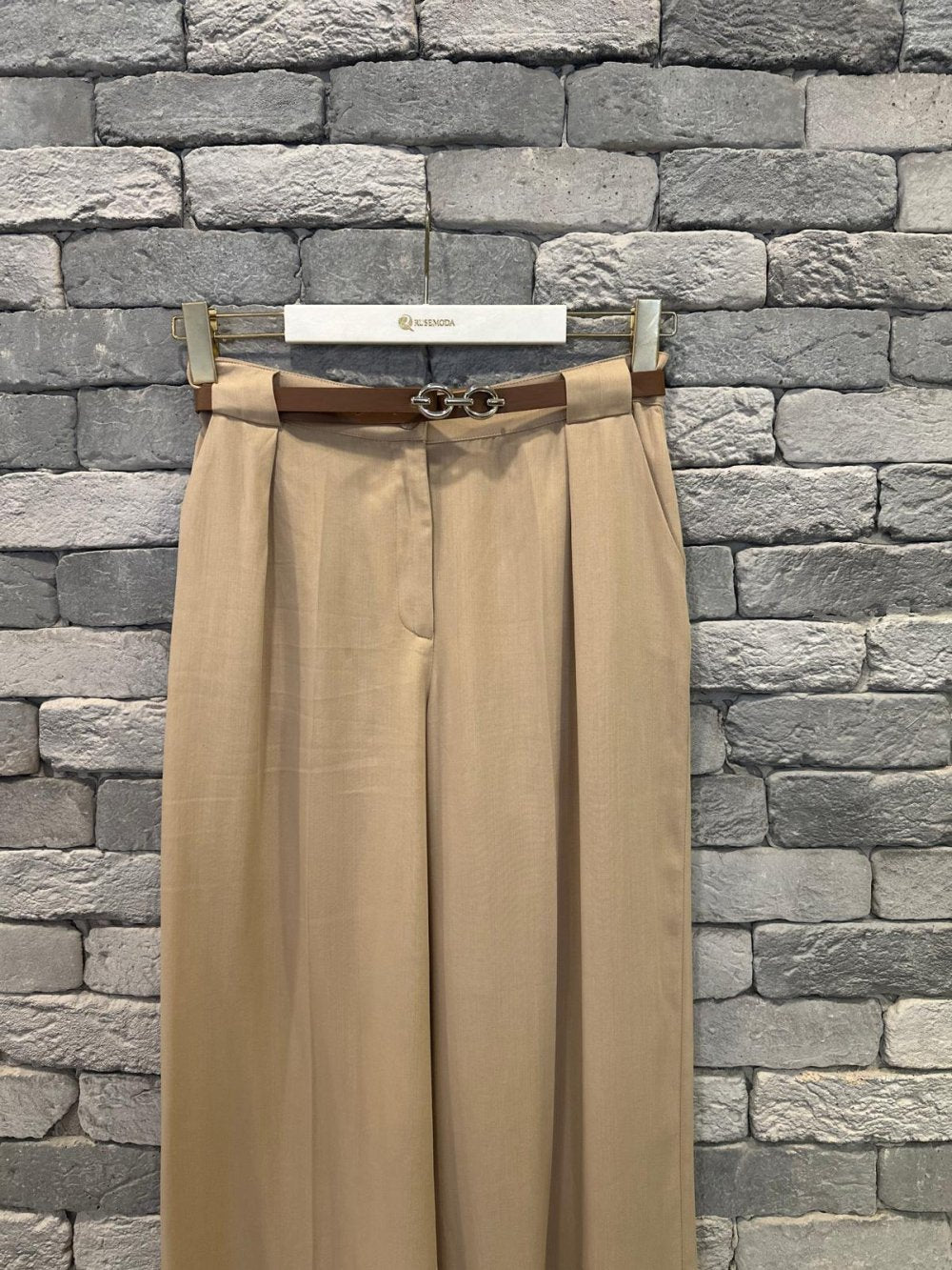 High-Waisted Belted Trousers Beige