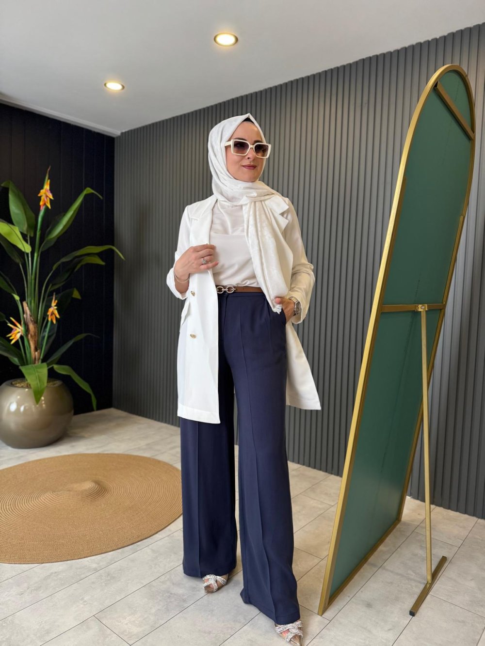 High Waist Belted Trousers Navy Blue