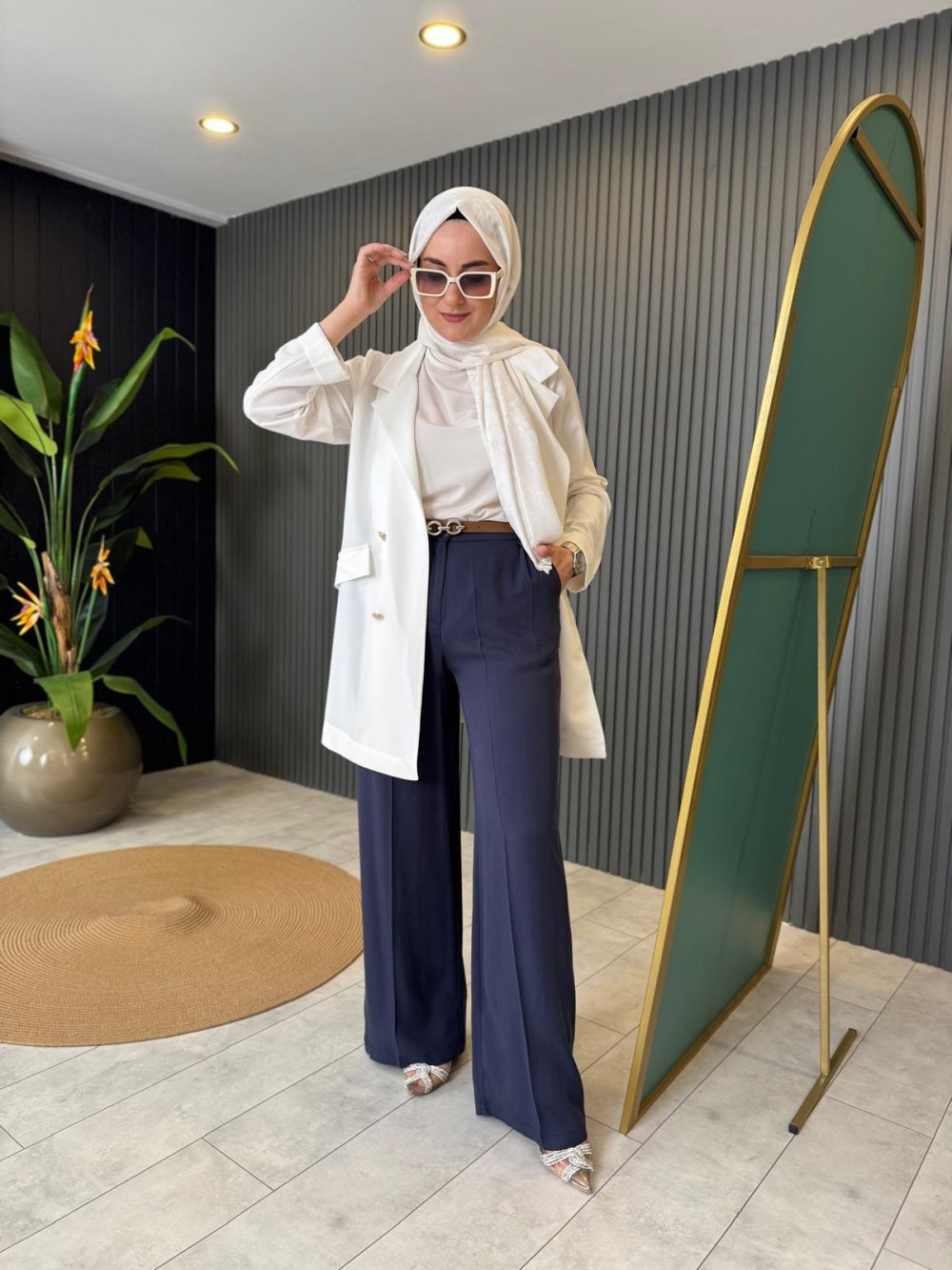 High Waist Belted Trousers Navy Blue