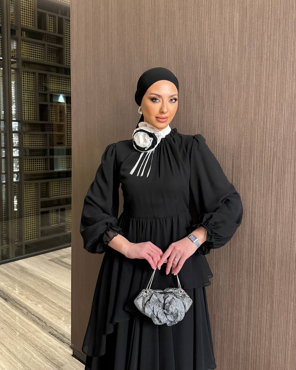 Black/ Beige Tiered Evening Maxi Dress